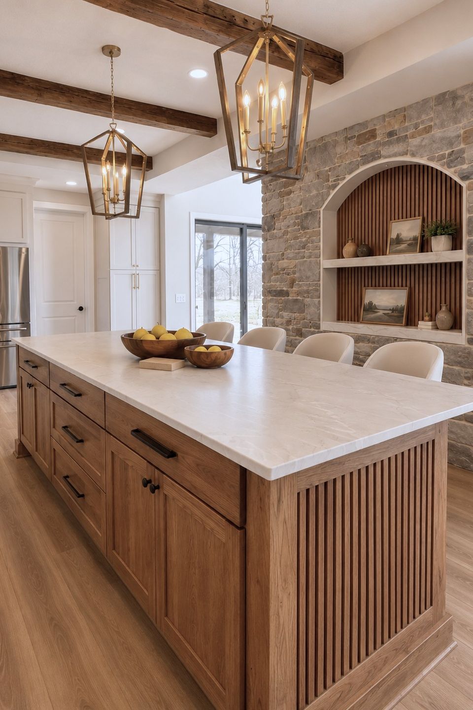 Custom kitchen island and stone accent wall in Chagrin Falls remodel
