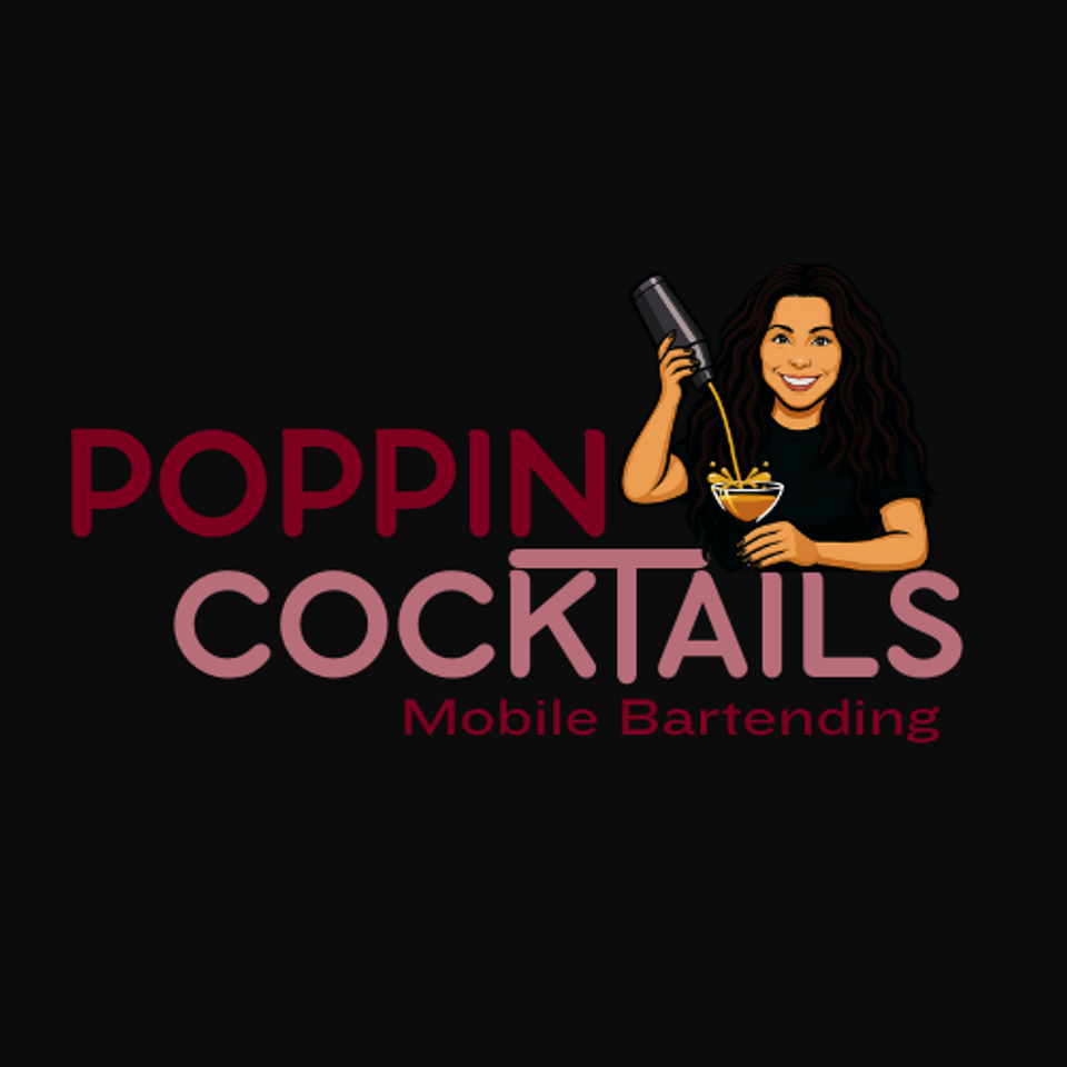 Poppin Cocktails Mobile Bartending logo featuring an illustrated bartender holding a cocktail shaker.