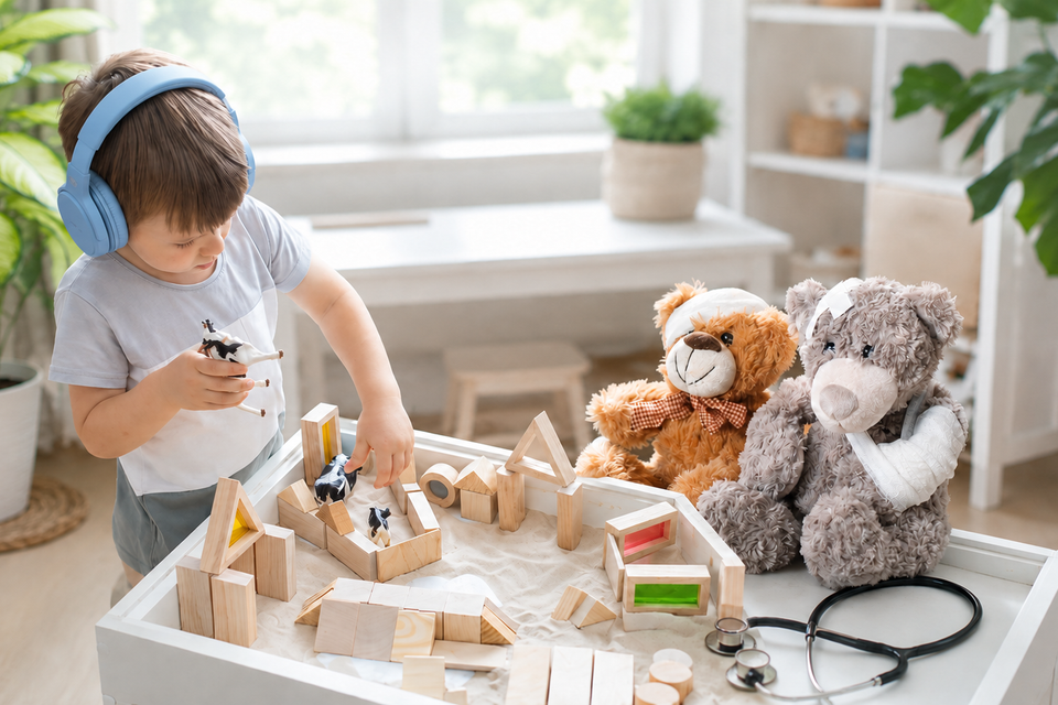 Child using noise-reducing headphones and sensory play tools at KidMed Pediatric Urgent Care in Gulfport, MS