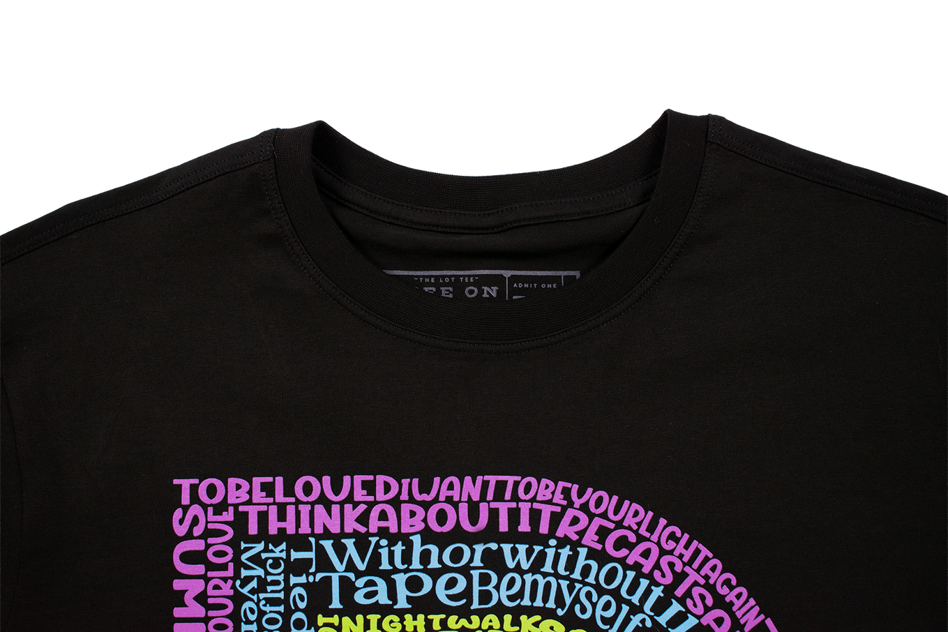 Black shirt collar with LOT ticket-stub neck print