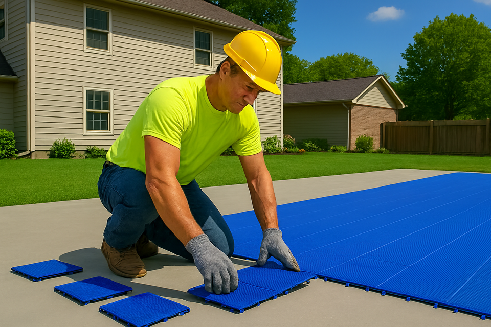 Construction worker installing blue sport court tiles in a residential backyard – custom backyard court building and surfacing services