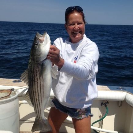 Woman on boat holding large striper bass