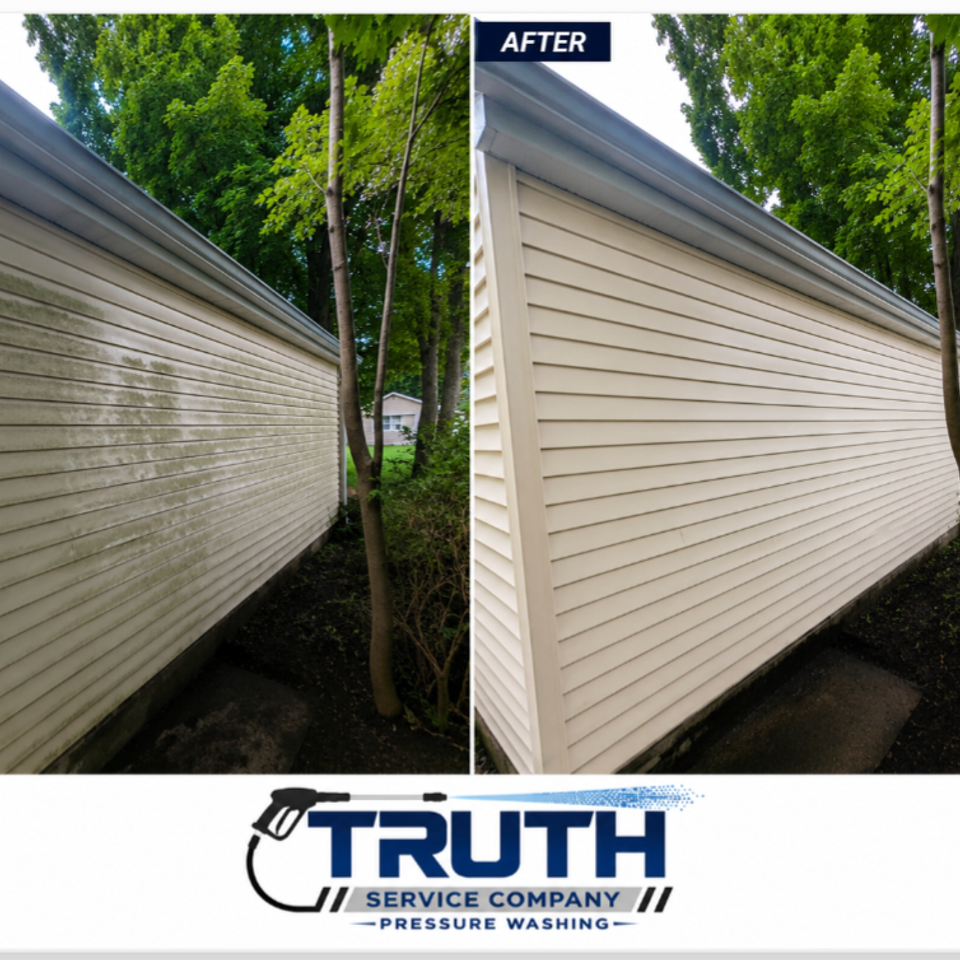 Before and after photos of house siding after pressure washing.