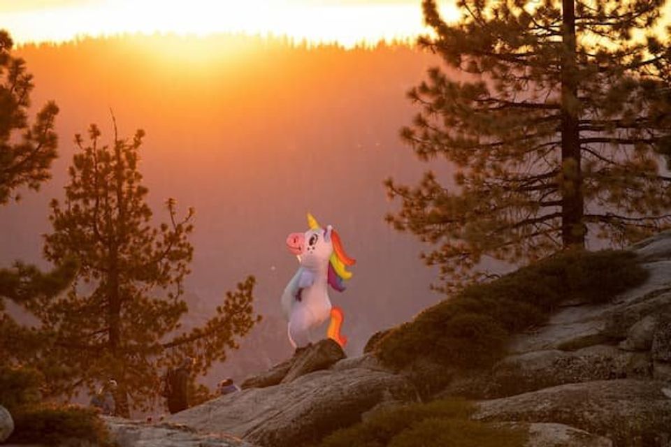 A blow up Unicorn costume on a person standing on a mountain at sunset 