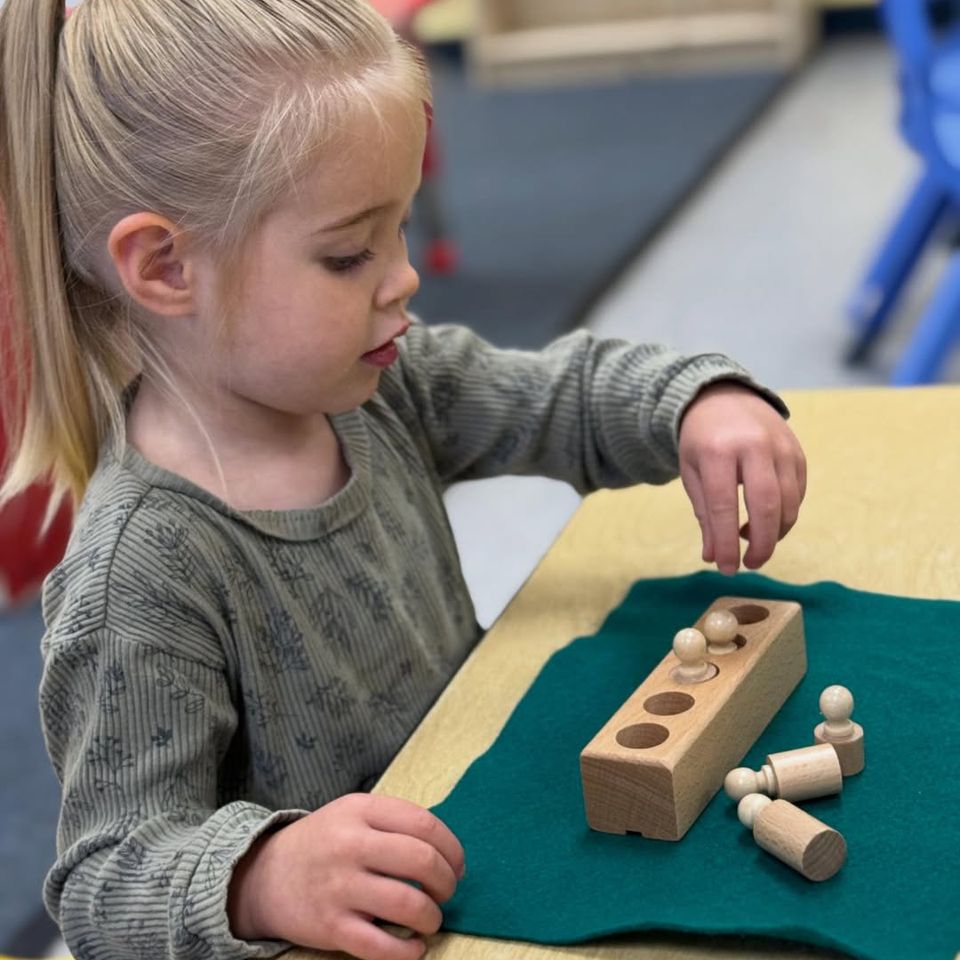 Preschool girl placing wooden cylinders into a knobbed block during Montessori sensorial work in Palmdale CA