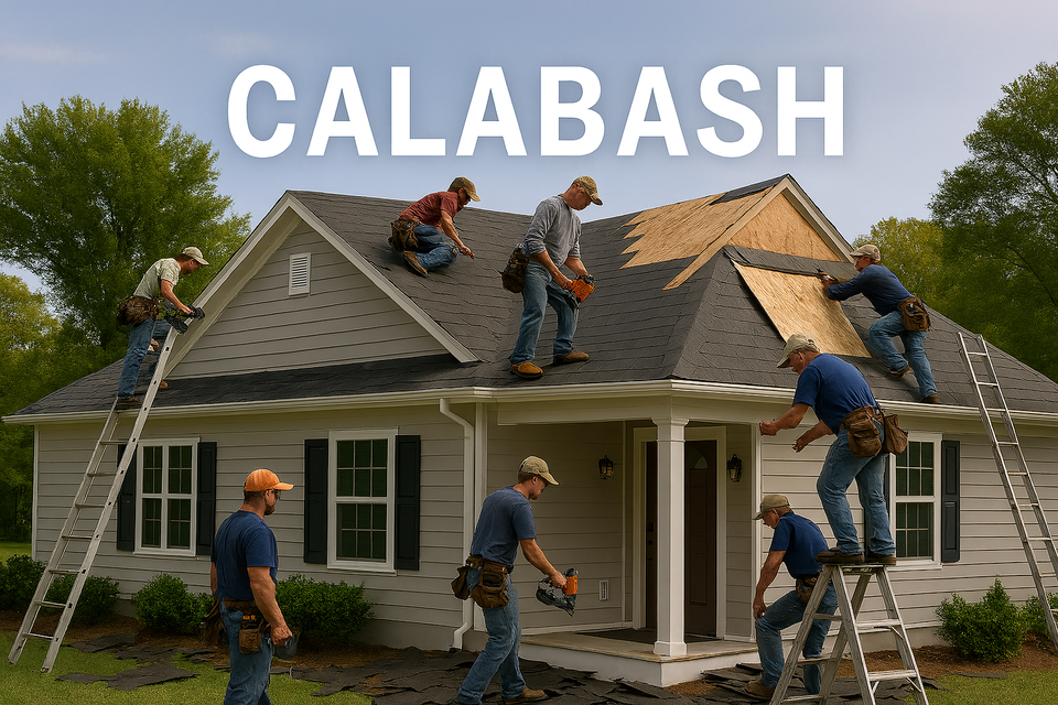 Nova Roofing and Construction team performing exterior roof repair in Calabash North Carolina with asphalt shingles and safety gear