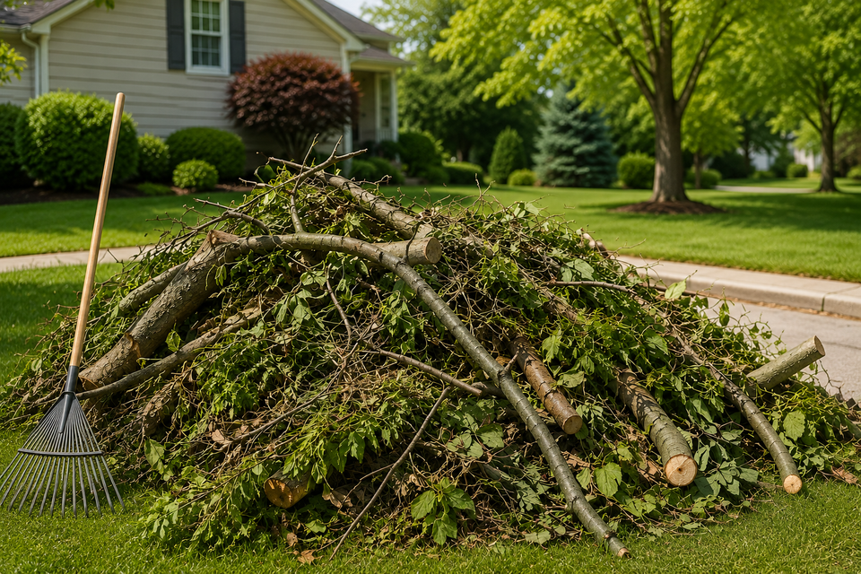 Pile of tree branches and yard debris on a residential lawn ready for cleanup.