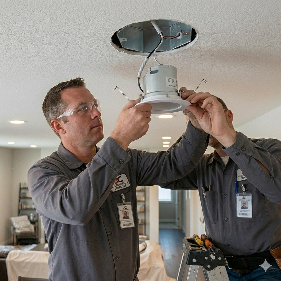 Two JC Electrical LLC technicians in grey work shirts carefully wiring and mounting a new LED recessed light into a residential ceiling.