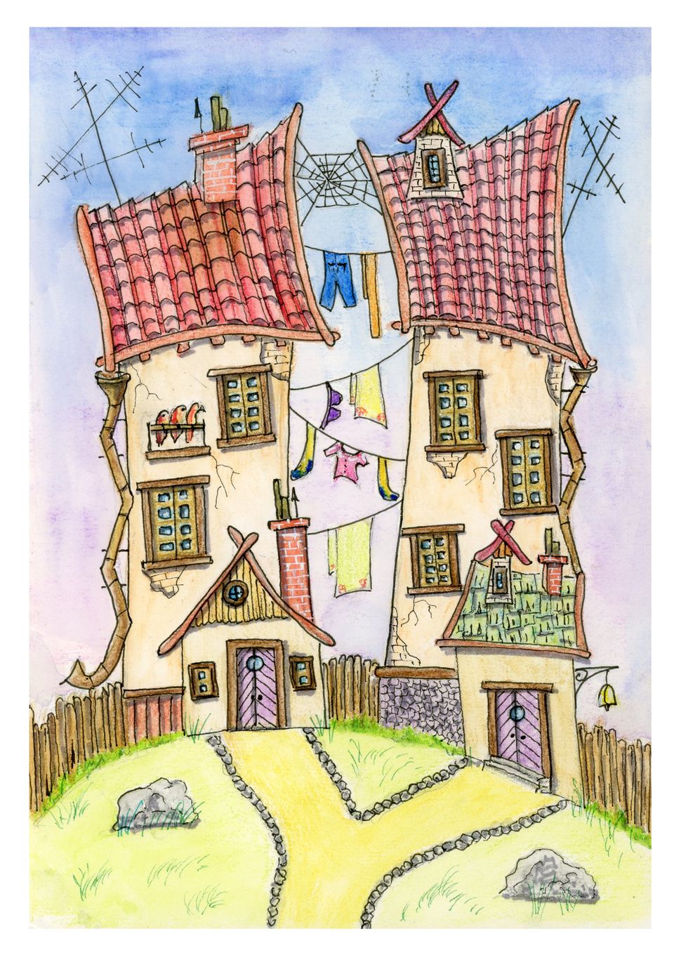 Whimsical illustration of two leaning houses with red roofs, clothesline with laundry, and a grassy path. The scene is colorful and playful.