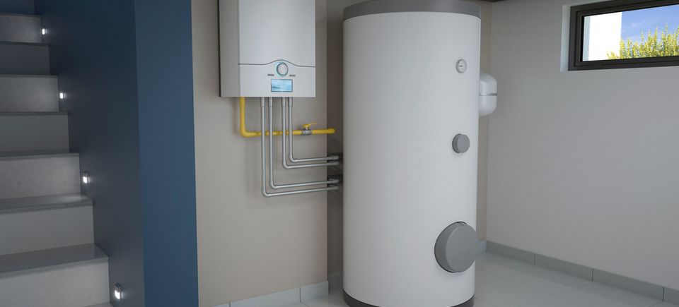 Propane water heater and boiler in a modern home utility room, emphasizing energy-efficient residential heating solutions.