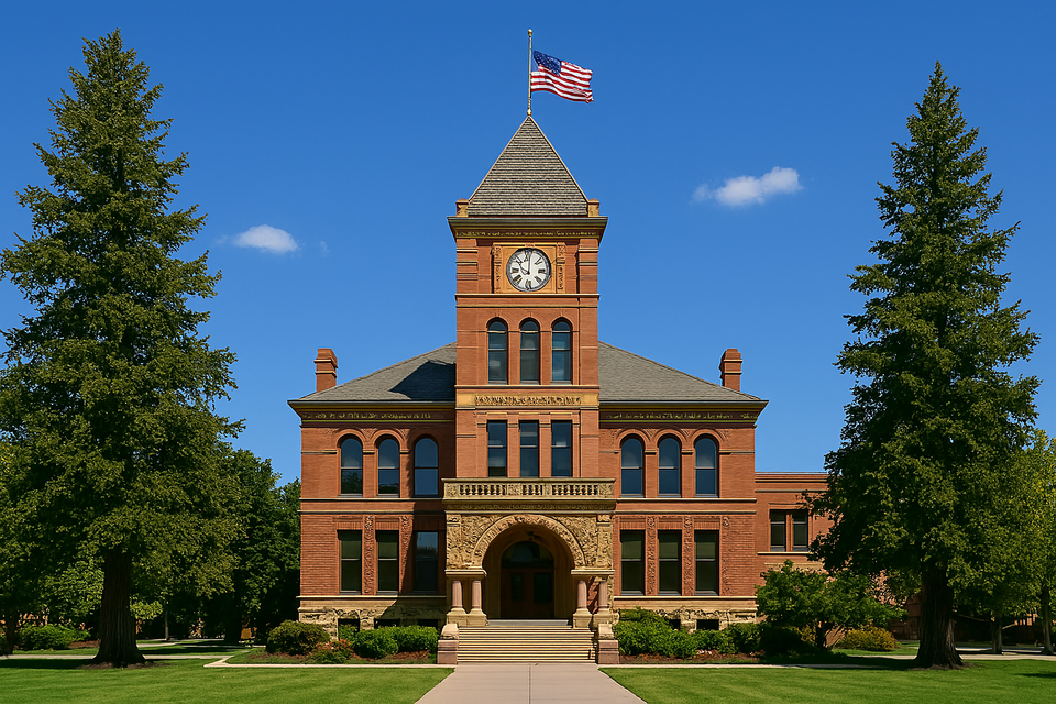 Wide landmark image of the historic Woodland courthouse in California with red brick facade, clock tower, manicured lawn, and surrounding trees under clear blue skies.