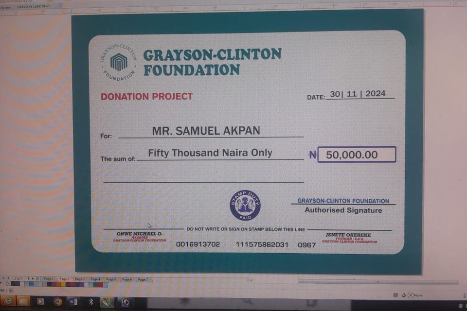 Donation cheque   mr. samuel akpan