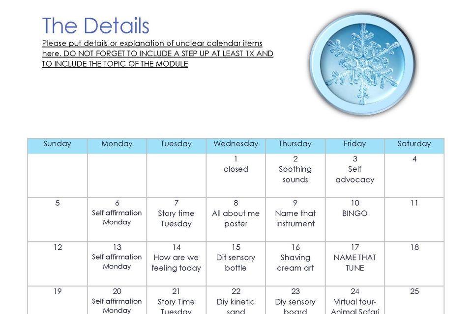 January sensory 2025 calendar