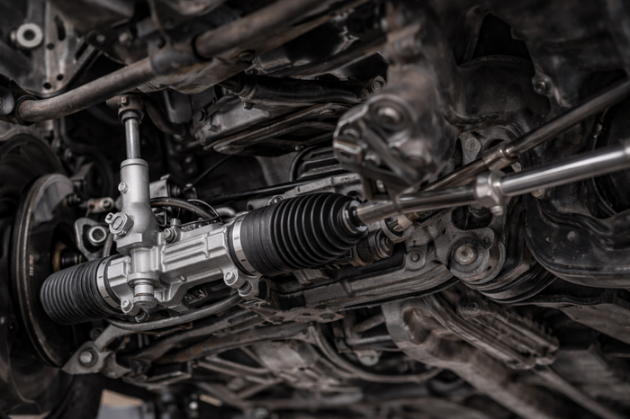Rack and pinion steering system being inspected during steering and suspension repair in Missouri City, TX