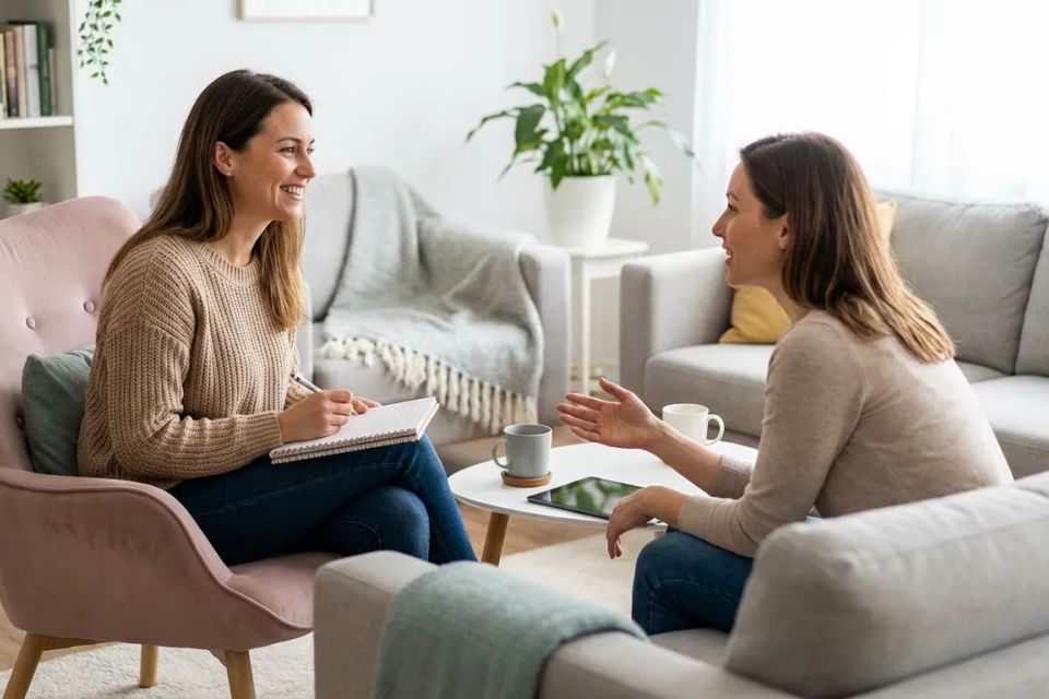 Professional life coach conducting a compassionate one-on-one counseling session in a comfortable, private office setting.