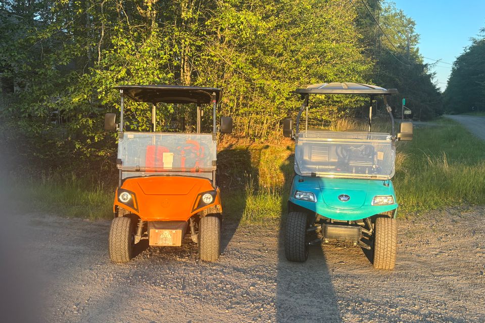 Front view of an affordable orange and blue golf cart rental from Mad Dog Golf Cart Rentals in Locust Lake PA