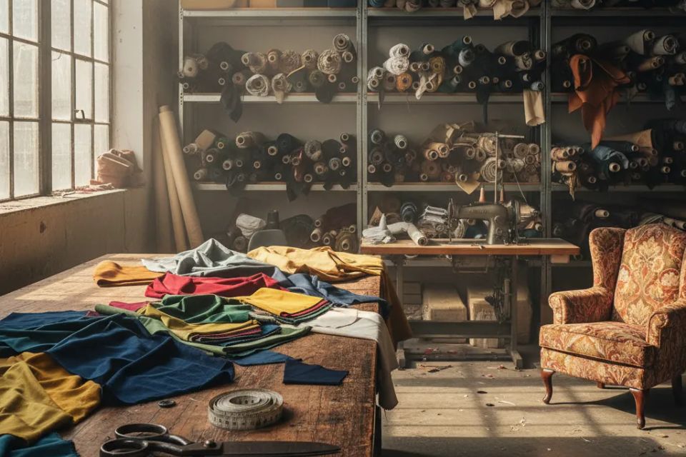 Custom furniture reupholstery workshop with fabric swatches and antique chair restoration