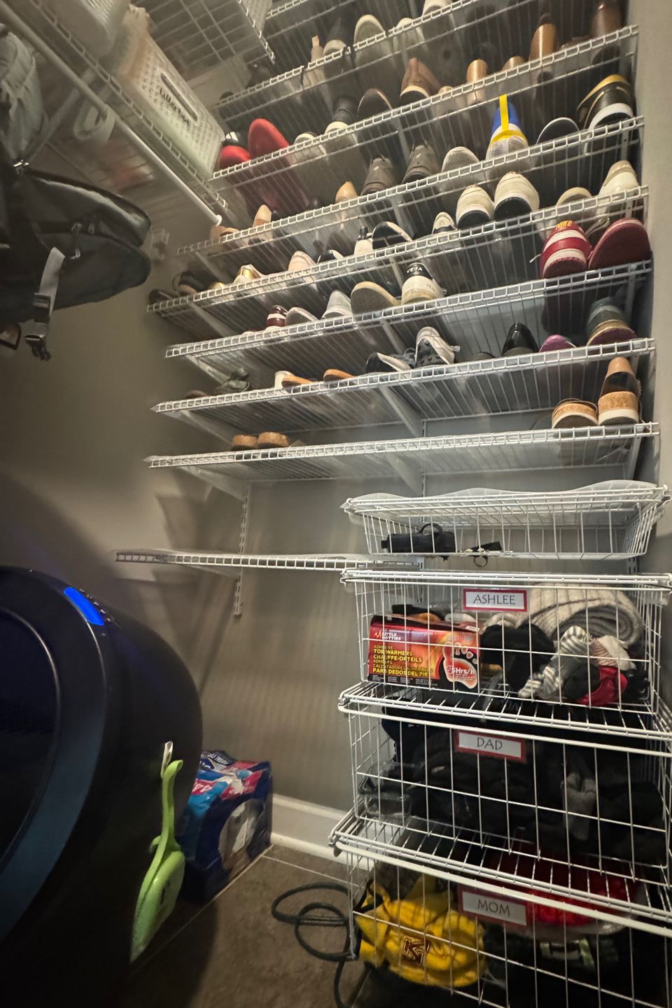 closet with wall of shelves with shoes