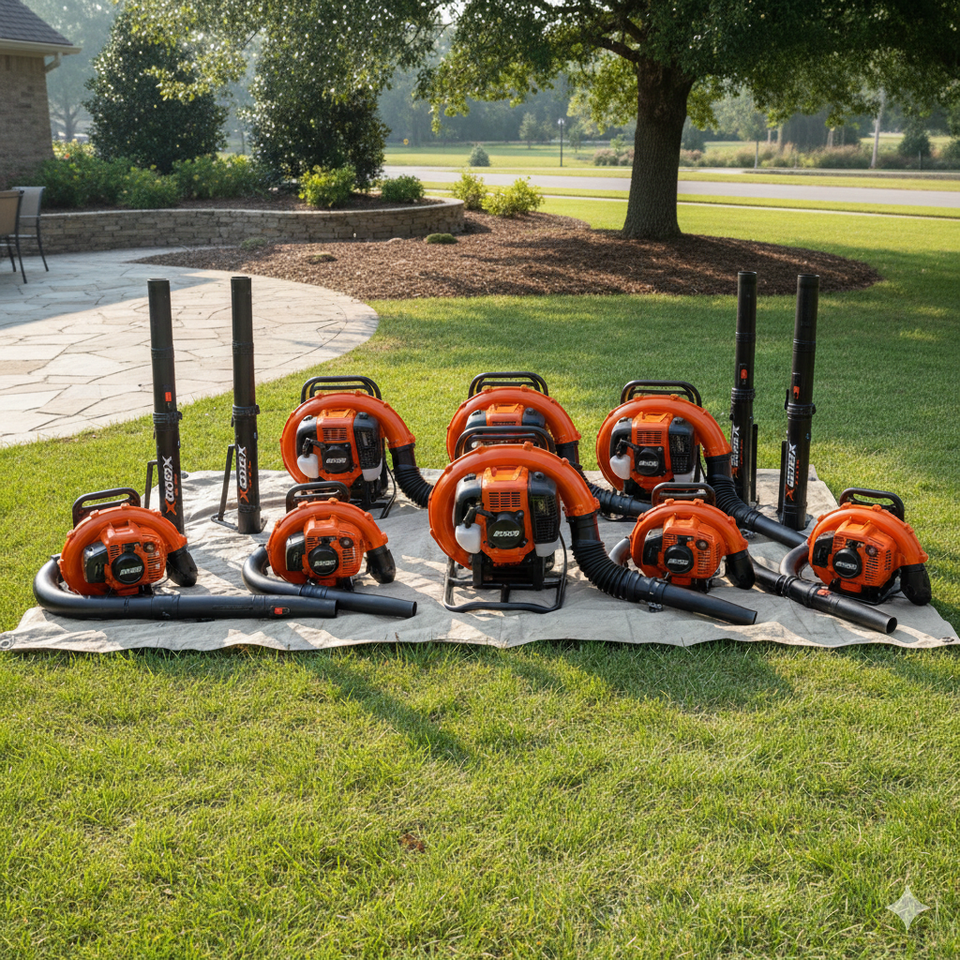 Nine RedMax EBZ8500 backpack blowers arranged on a tarp with upright tubes, suitable comparison layout for Echo PB-9010T and Echo X Series handhelds