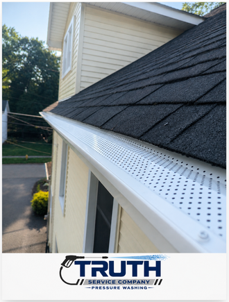 Close-up of a gutter guard installed along the edge of a roof.