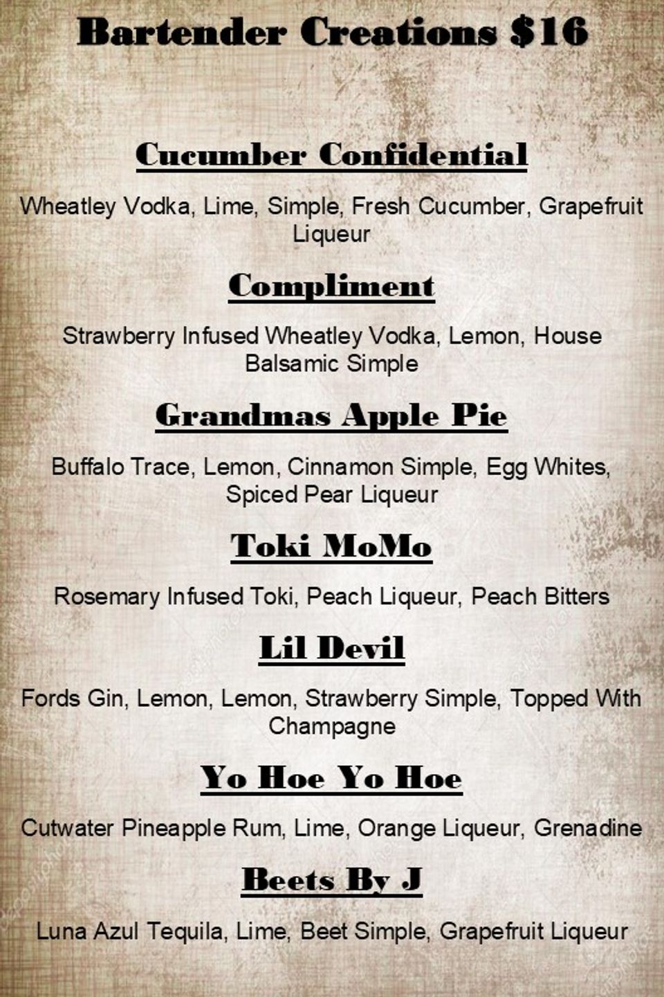 Bartender 2025 dring menu.