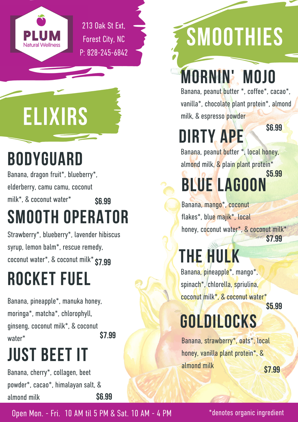Plum natural menu