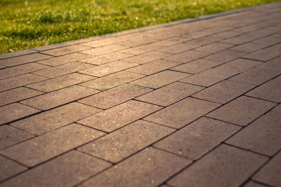 Paving slabs and grass lawn in the reflection of the rising sun