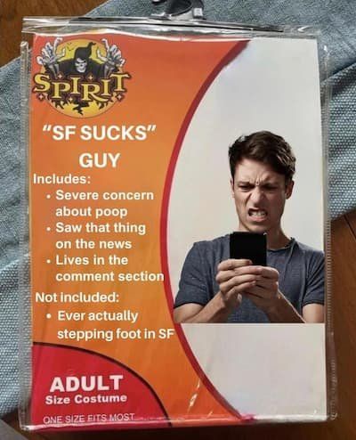 "SF Sucks" Guy Halloween costume packaging- joke costume