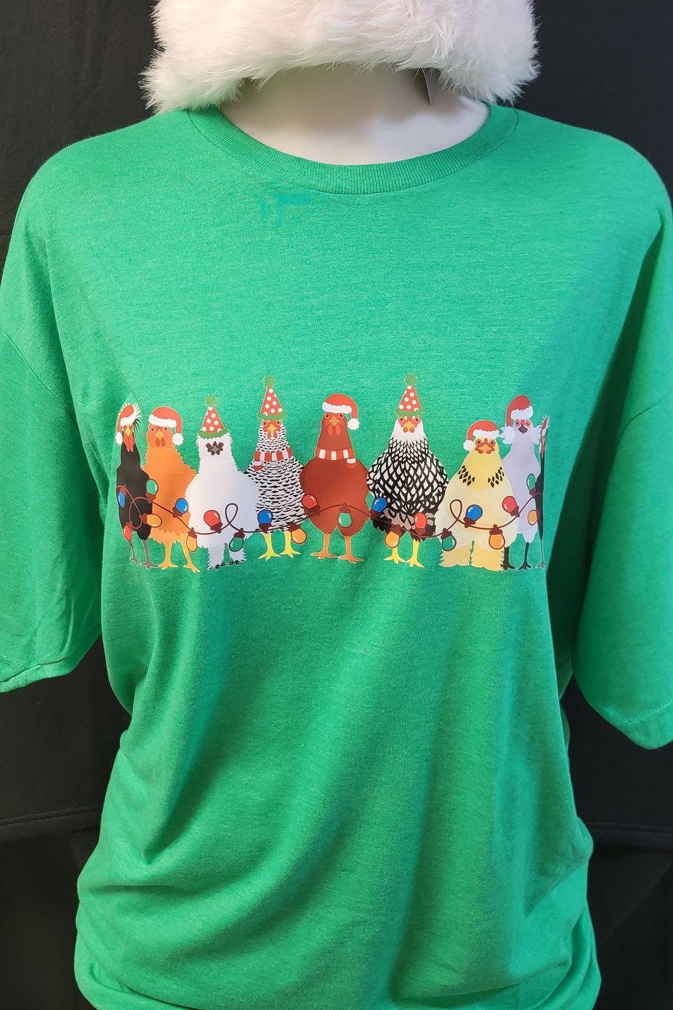 Example of DTF (direct-to-film) transfer from SaRi's Creations featuring chickens wearing Santa hats.