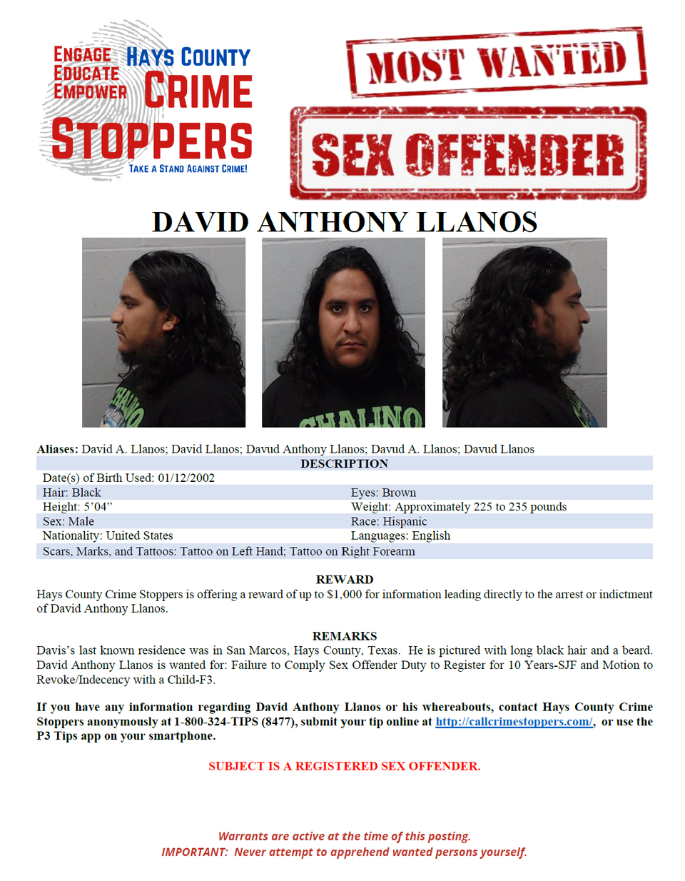 Llanos most wanted poster
