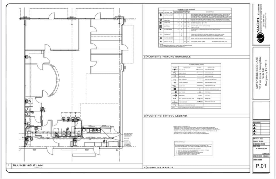 Plumbing plan for Adventure Kids Care project by Nadel Design – Layout of water supply, drainage, and gas piping systems