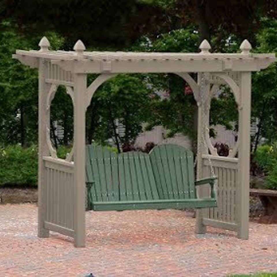 Sunrise poly lawn   hardwood furniture   paden  oklahoma   luxcraft benches   arbors   classic clay vinyl swing stand with 5 adirondack swing green20180516 738 epbe76