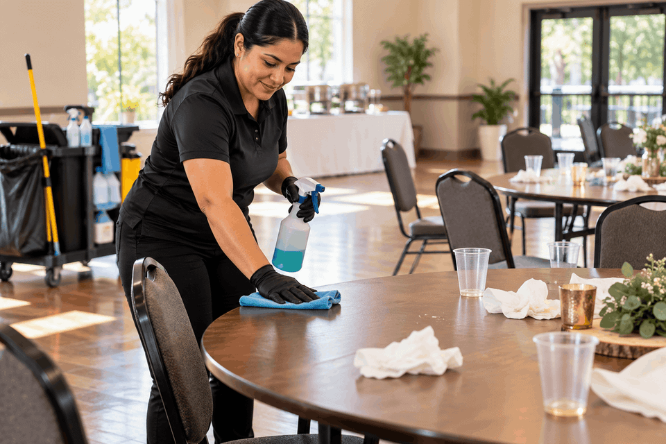 Professional cleaner wiping tables during post-event cleanup in a banquet room