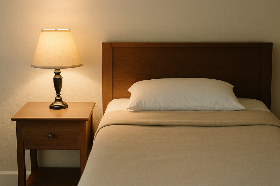 Neat transitional housing bedroom with single bed and lamp providing safe, stable shelter for residents.