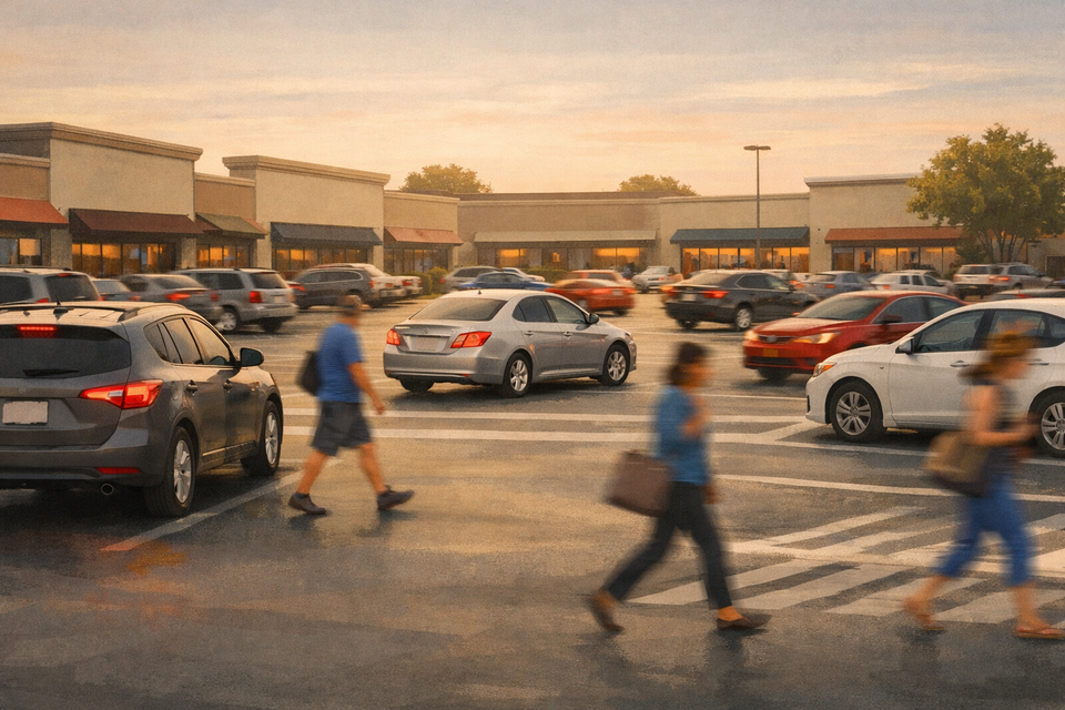 Evening bustle in suburban strip mall
