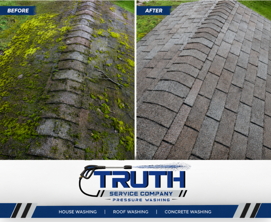 Before and after view of a shingled roof with buildup and discoloration removed.