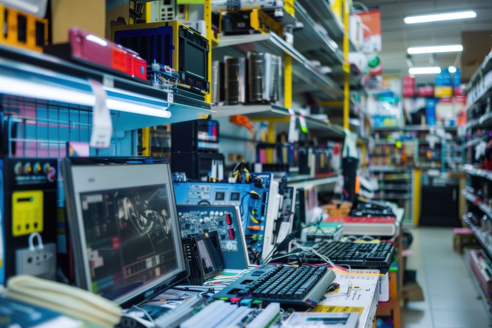 Computer hardware peripherals filling shelves retail store