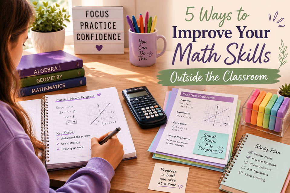 Student working on mathematics problems with worksheets, calculator, notebook, and study materials in a structured home learning environment designed to improve math skills.