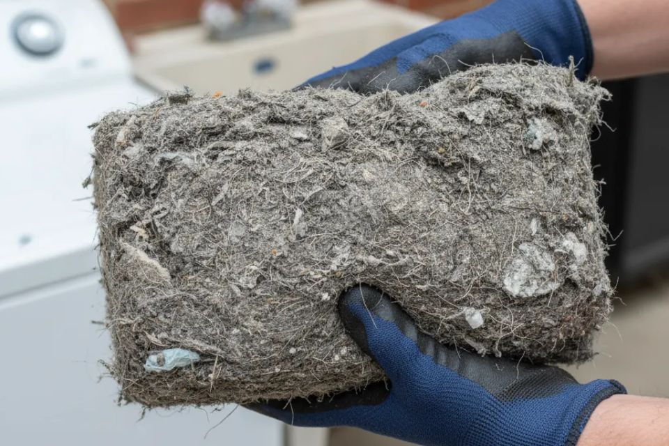 Massive compacted dryer lint blockage removed from vent system to improve drying efficiency