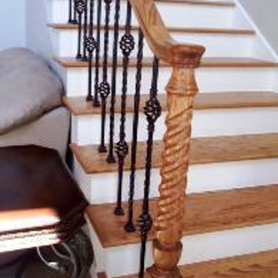 Roper hardwood floors   tulsa  ok   stairs and balusters   new wooden handrail  iron balusters  stained wood treads  painted risers 120170511 12372 14hjj7f