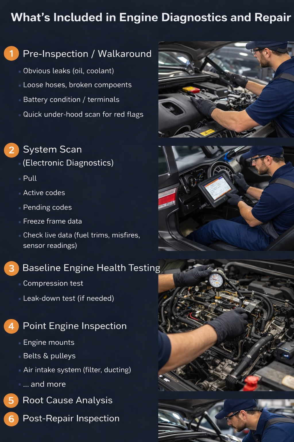 Step-by-step engine diagnostics process including visual inspection, scan tool analysis, belt tension testing, and mechanical inspection in a professional auto repair shop in Missouri City, TX