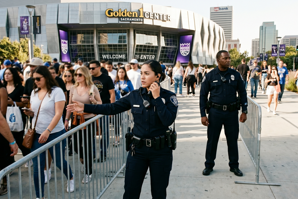 Cerberus uniformed security officers providing crowd control and event safety at the Golden 1 Center in Downtown Sacramento