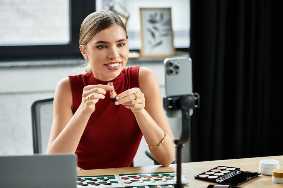 Vistacreate 776835522 stock photo young influencer engages her audience she demonstrates beauty products smartphone