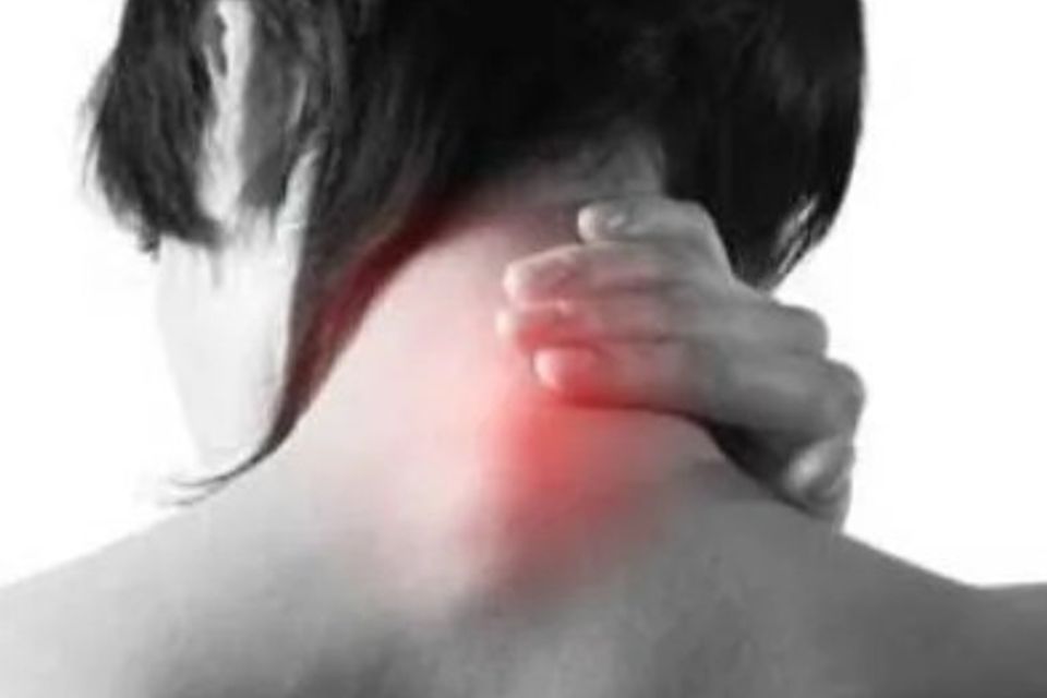 Illustration of a person holding the back of their neck, highlighting neck pain that may benefit from chiropractic treatment at Massaro Chiropractic LLC.