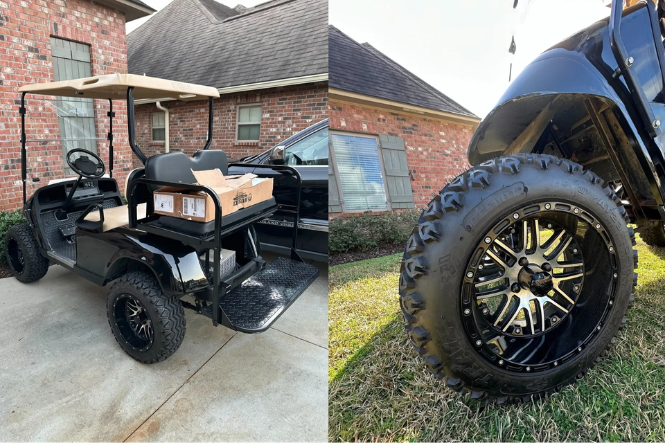 Close-up of custom golf cart wheel during brake and tire service in New Orleans, LA