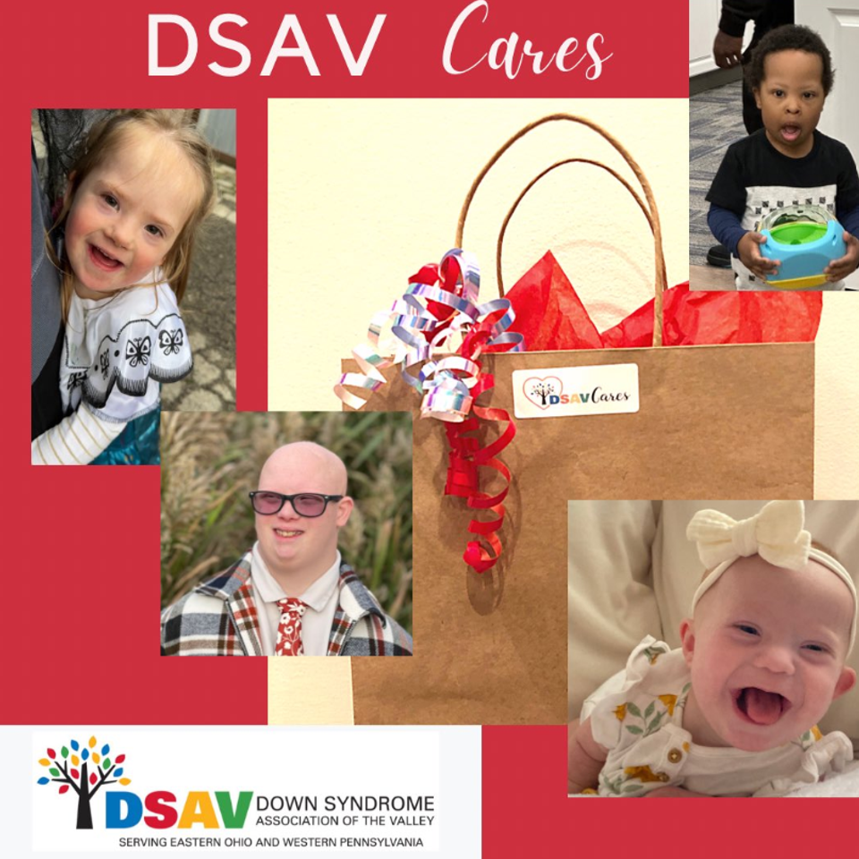 A DSAV Cares promotional graphic featuring a care package surrounded by smiling individuals with Down syndrome who have received support through the program.
