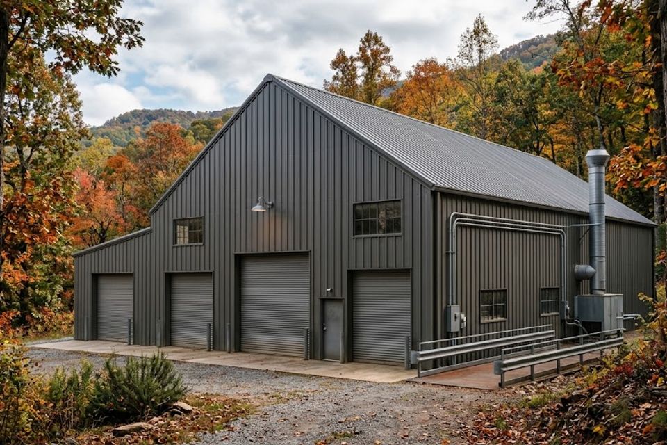 Dark gray steel building with four roll up bay doors surrounded by fall foliage in East Tennessee