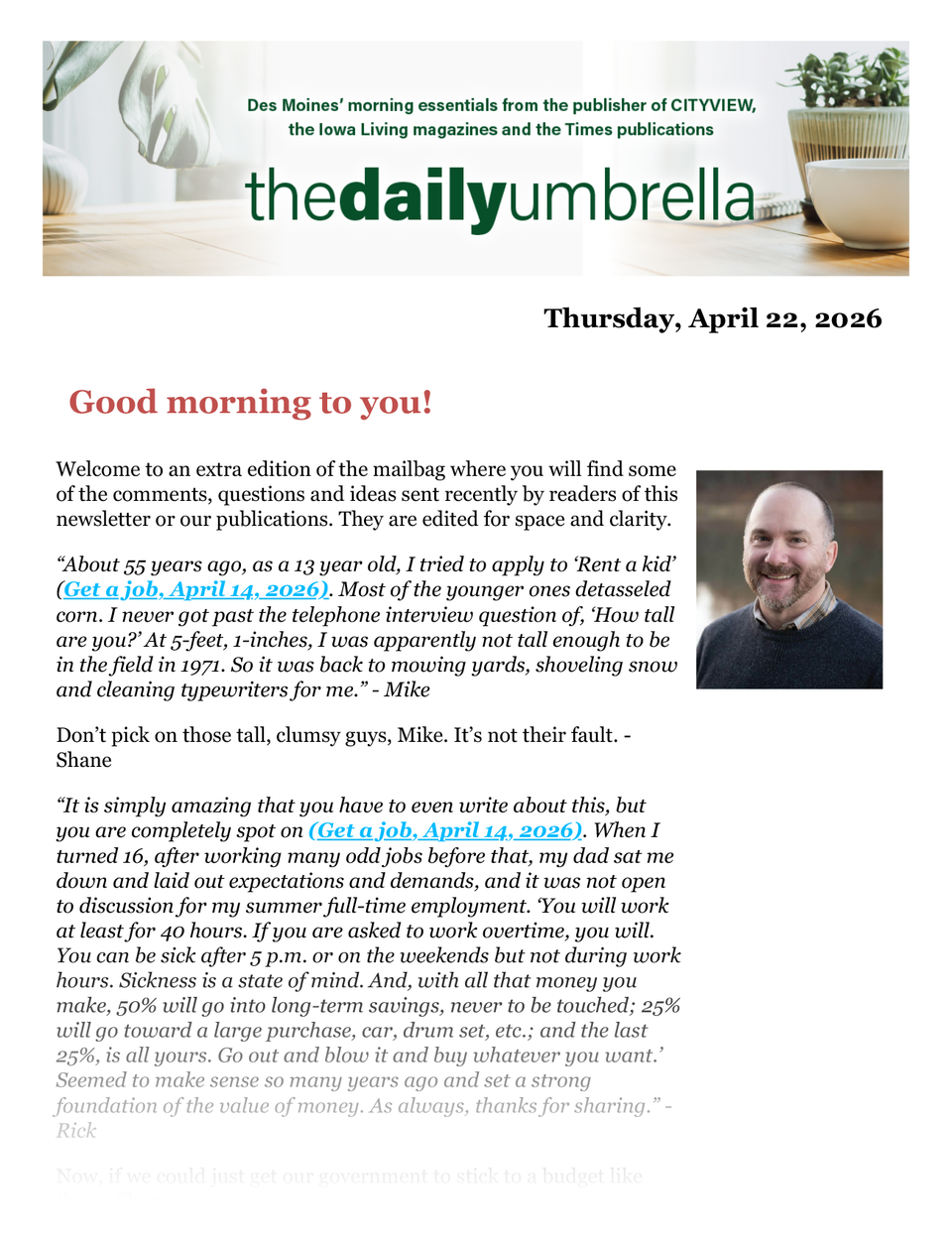 Daily umbrella april 23  suspected iowa city shooter id'd  green tea ice cream  another really long riddle 1