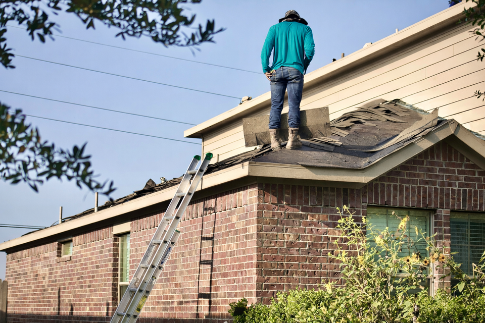 Teal Roofing manager inspecting a roof after a Louisiana storm.