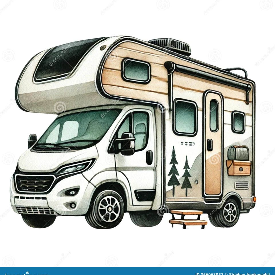 Stylish motorhome parked picturesque outdoor setting camping cartoon concept watercolor style 356063957